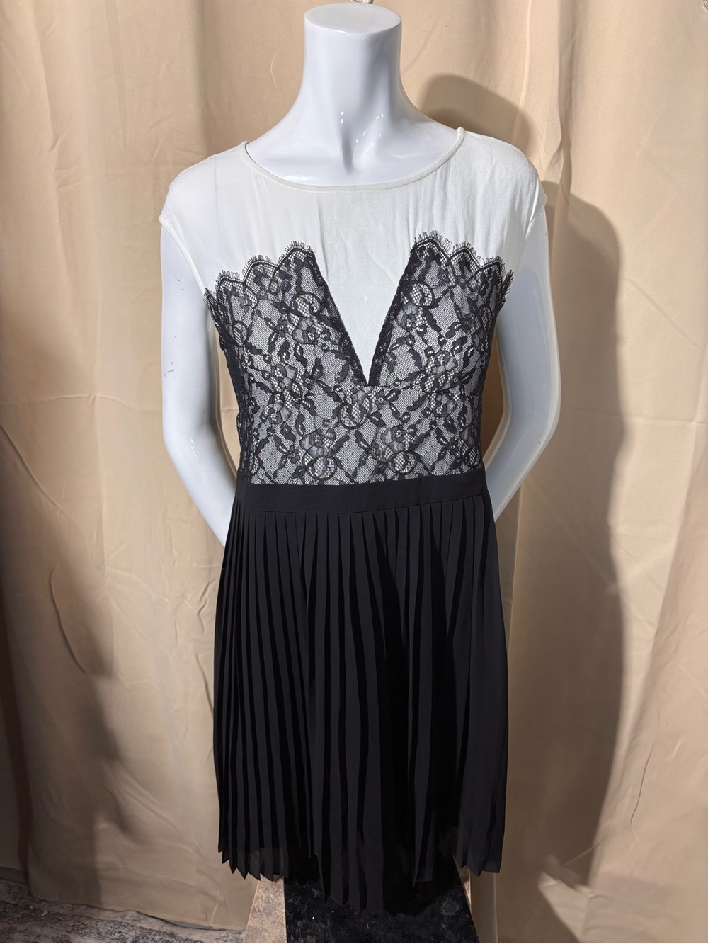 EUC V2K Jacob Black and White Lace Pleated Fit & Flare Dress